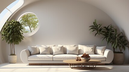 Minimalist home interior design of a modern living room with a curved white sofa in a room with an arch