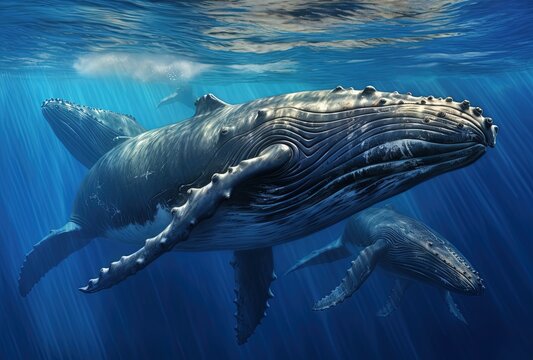 a blue whale diving in the ocean, deep water