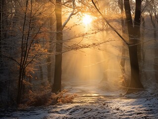 Golden rays of sunrise streaming through misty deciduous forest. Chilled morning scene with sunbeams illuminating frosted ground and casting shadows on a winding path