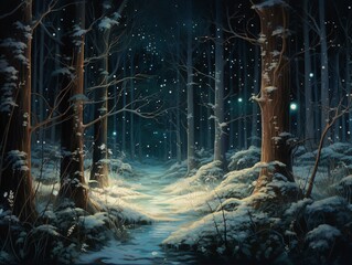 Nighttime view of a snow-covered forest path, flanked by towering trees and illuminated by shimmering starlight. The serenity and majesty of winter nights