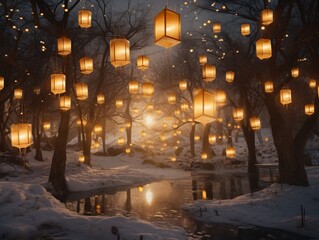 Enchanting winter night scene with glowing lanterns hanging from bare trees, illuminating the snowy park and reflection in calm water. Magical and peaceful festive moment