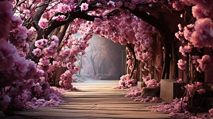 The romantic tunnel of pink flower trees. Floral flower illustration. Generative AI