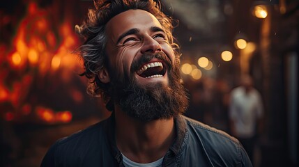 Smiling bearded young male model rejoices coming weekends, dressed casually, over background. Model portrait illustration. Generative AI