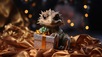 small cute baby dragon with a gift box on a background of lights, new year, symbol 2024, chinese calendar, christmas tree toy, eve, holiday, ribbon, bow, figurine, dinosaur, mythical animal, gold - obrazy, fototapety, plakaty