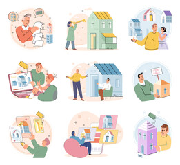 House for sale. Vector illustration People looking for home evaluated propertys potential for future appreciation Buying new home required considering future needs and growth family Renting