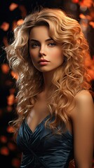 Fototapeta premium Beauty blonde girl with long and shiny wavy hair. Beautiful woman model with curly hairstyle. Fashion, cosmetics and makeup. Model illustration. Generative AI