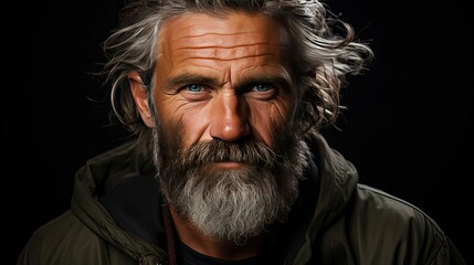 Obraz premium Portrait Of A Mature Man with a Little smile At The Camera. Right side of the picture. Man face portrait illustration. Generative AI