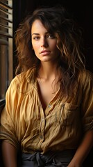 Fototapeta premium Sad adult woman look in window distance thinking or pondering alone at home, thoughtful upset unhappy middle aged female. Sad emotion illustration. Generative AI
