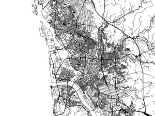 Vector road map of the city of  Akita in Japan with black roads on a white background. 4:3 aspect ratio.