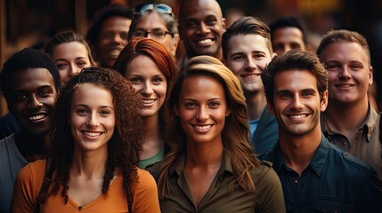 Fototapeta premium Multi ethnic people of different age looking at camera collage mosaic horizontal banner. Many lot of multiracial business people group smiling faces headshot portraits. Generative AI