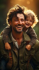 Obraz premium Father and son in the park. Fathers day silhouette happy family child dream concept. father carries his son on his back. People portrait illustration. Generative AI