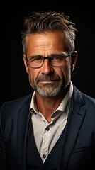 Obraz premium Portrait of a mature businessman wearing glasses on background. Happy senior latin man looking at camera over grey wall with copy space. Man portrait illustration. Generative AI