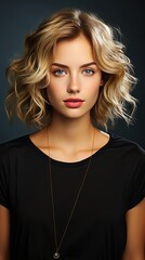 Pretty smiling joyfully female with fair hair, dressed casually, looking with satisfaction at camera, being happy. Woman portrait illustration. Generative AI