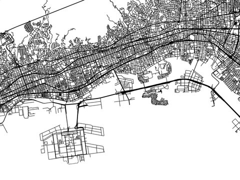 Vector road map of the city of  Ashiya in Japan with black roads on a white background. 4:3 aspect ratio.