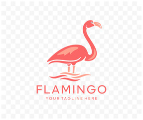 Flamingo, bird, animal, avian, feathered and pink plumage, graphic design. Nature, fauna and wildlife, zoo, lake and waves, vector design and illustration