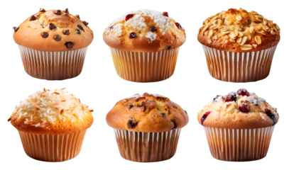 Classic Muffin with different toppings on transparent cutout, PNG file. Many assorted different flavour, blueberry, chocolate chip, oat, coconut, nut, cranberry Mockup template for artwork design