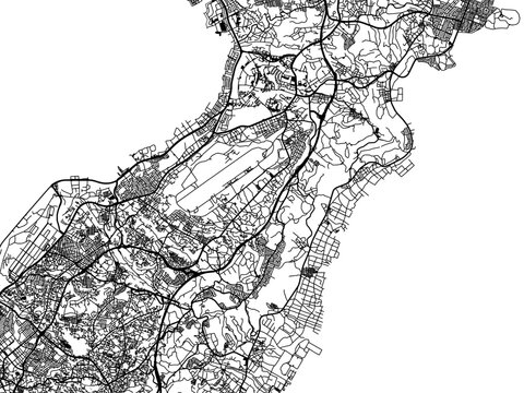 Vector road map of the city of  Ginowan in Japan with black roads on a white background. 4:3 aspect ratio.
