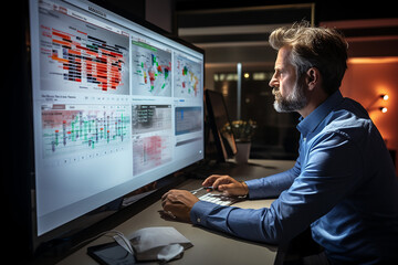 Future technology, businessman working on computer, virtual panel in office