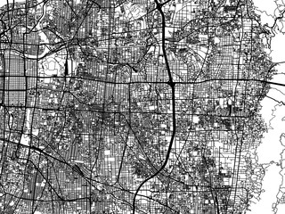 Vector road map of the city of  Higashi-osaka in Japan with black roads on a white background. 4:3 aspect ratio.