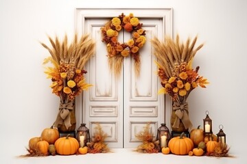 Beautiful door with autumn decoration with pumpkin candle, wheat ears and sunflowers and realistic bows, isolated on a white background .