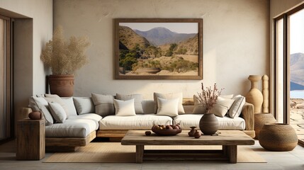Rustic interior design is featured in the modern living room with a beige fabric sofa and cushions, a white wall with a frame, and ample space for text