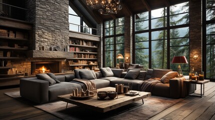 Rustic interior design defines the modern living room with grey sofas, adding a touch of elegance and comfort to the space