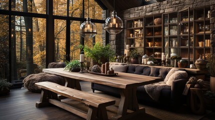 Rustic interior design of a modern living room in a country house with handmade wooden log furniture, including a dining table and chairs