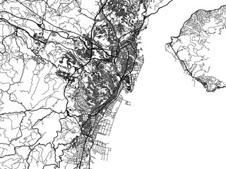 Vector road map of the city of  Kagoshima in Japan with black roads on a white background. 4:3 aspect ratio.