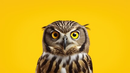 Fototapeta premium Beautiful owl with yellow eyes isolated on yellow background. Banner Copy space. Ai generative