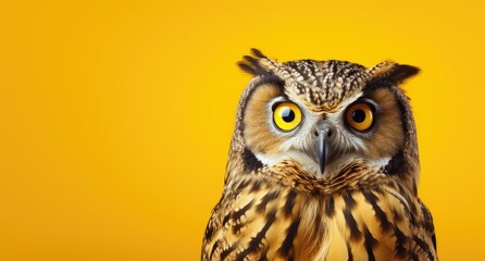 Fototapeta premium Beautiful owl with yellow eyes isolated on yellow background. Banner Copy space. Ai generative