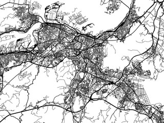 Vector road map of the city of  Kitakyushu in Japan with black roads on a white background. 4:3 aspect ratio.