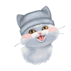 White cat. Illustration of cute cat with knitted hat. Cat in winter hat