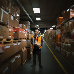 Asian man worker wearing safety gear in a warehouse setting - holding box