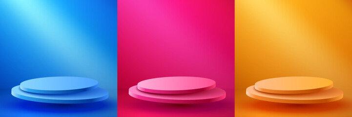 Abstract scene background. Cylinder podium on colorful background. Product presentation, mock up, show cosmetic product, Podium, stage pedestal or platform. Vector illustration