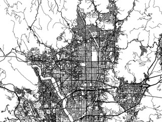 Vector road map of the city of  Kyoto in Japan with black roads on a white background. 4:3 aspect ratio.