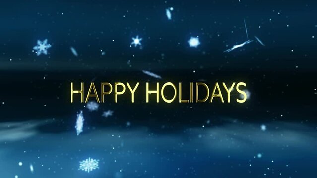 Animation of hapy holidays text over snow falling on blue background