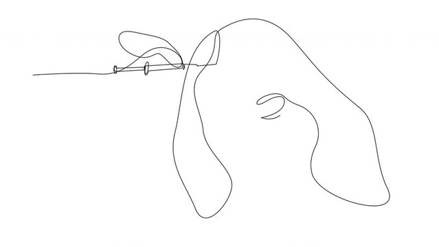 Animated self drawing of single continuous line draw platelet rich plasma injection procedure for women. Female alopecia treatment concept. Hair growth stimulation. Full length one line animation.