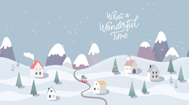 Lovely hand drawn winter landscape. Christmas banner. Cute houses in a snowy valley. Horizontal seamless landscape.