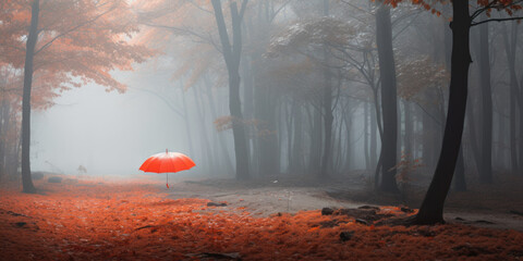 lone orange umbrella in misty forest
