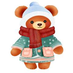A cute teddy bear cartoon character wearing winter fashion clothes. Vector illustration drawing.