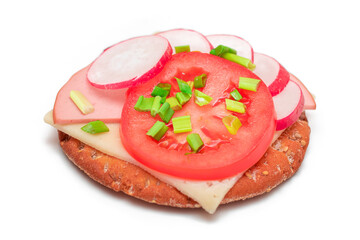 Crispy Cracker Sandwich with Tomato, Sausage, Cheese, Green Onions and Radish - Isolated on White. Easy Breakfast. Diet Food. Quick and Healthy Sandwiches. Crispbread with Tasty Filling - Isolation