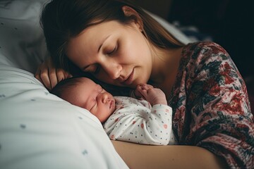 Mother sleeping with baby.AI Generated