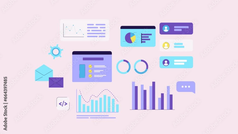 Poster animation of graphics, financial diagram and charts showing profits and losses. elements for user in