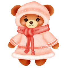 A cute teddy bear cartoon character wearing winter fashion clothes. Vector illustration drawing.