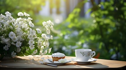 Relaxing morning tea time with cupcake and white flowers on wooden table in sunny garden