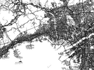 Vector road map of the city of  Nishinomiya-hama in Japan with black roads on a white background. 4:3 aspect ratio.