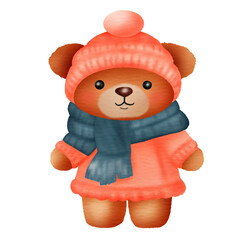 A cute teddy bear cartoon character wearing winter fashion clothes. Vector illustration drawing.