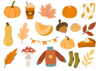 Autumn set, autumn sticker pack, autumn clipart, set of pumpkins, fall leaves, stickers , vector set of pumpkins, leaves, mushrooms , transparent background, autumn png, png stickers 
