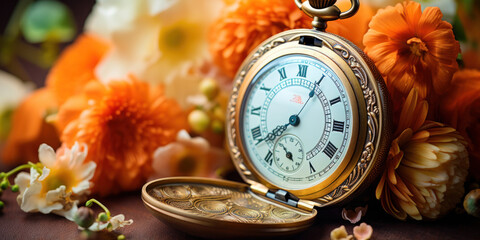 antique pocket watch among flowers