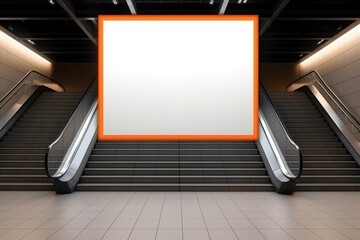 Empty billboard in indoor square staircase with empty screen. Media concept in subway. Generative AI - obrazy, fototapety, plakaty